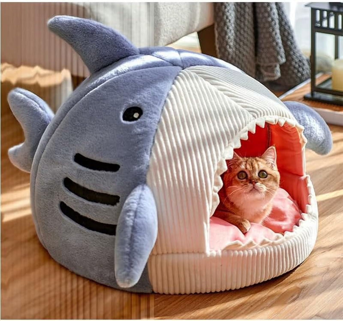 Shark Shape Large Cat Bed with Removable Washable Pillow, Blue